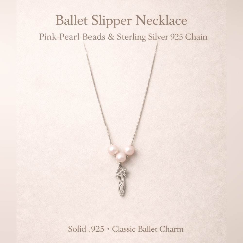 Ballet Slipper Necklace – Pink Pearl Beads & Sterling Silver 925 Chain